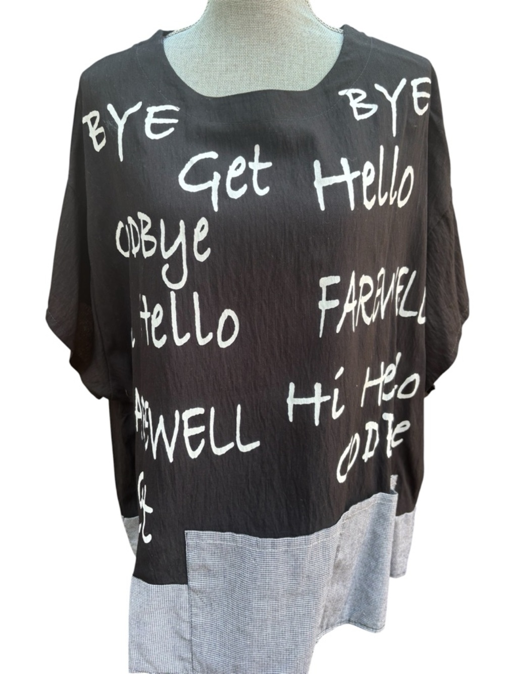 Scribble Print Avant Garde Oversized Tunic Black Gingham Hem Streetw Lagenlook